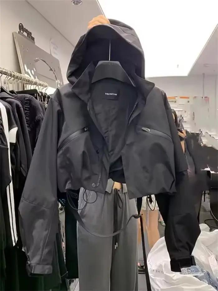 Veste courte à capuche pour femme, manteaux de moto amples noirs, coupe-vent de rue, manteau court b