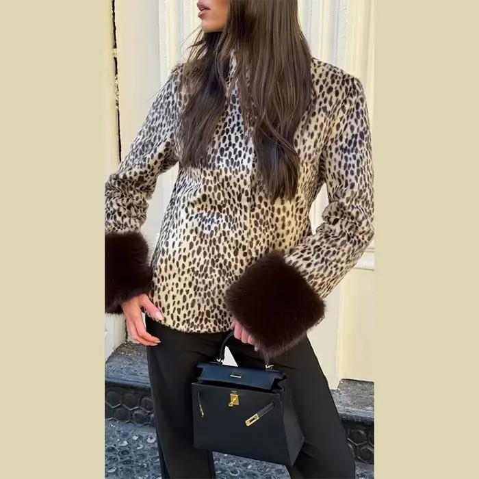 Veste en fourrure patchwork imprimé léopard pour femme, col montant, cintrée à la taille, simple bou