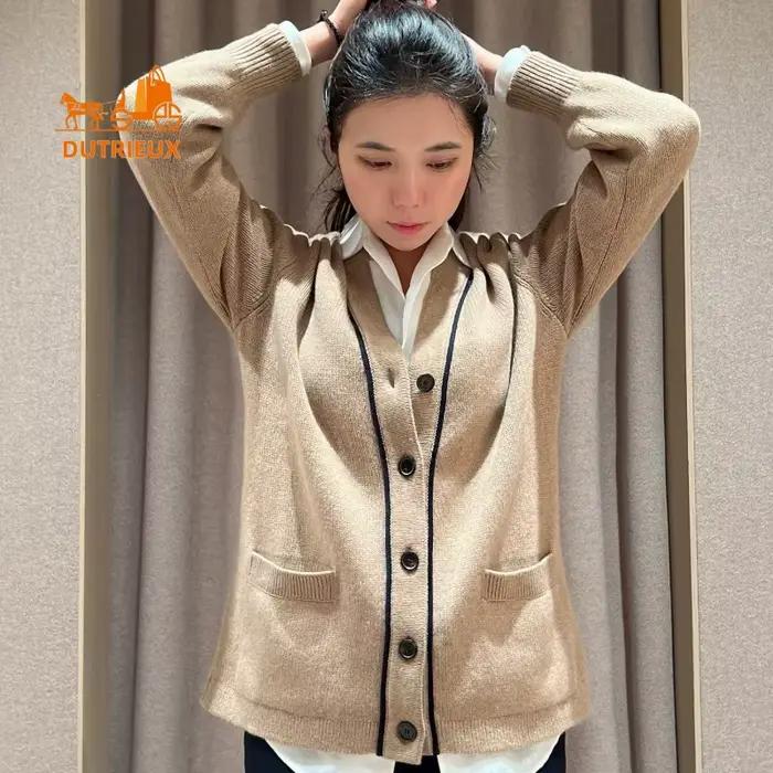 Cardigan en cachemire à col en v pour femme, manteau élégant et décontracté, Style minimaliste, 100%