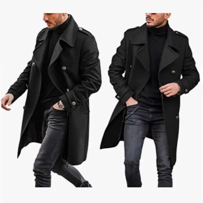 Nouveaux manteaux en laine pour hommes mode Double boutonnage revers veste mi-longue solide épaissir