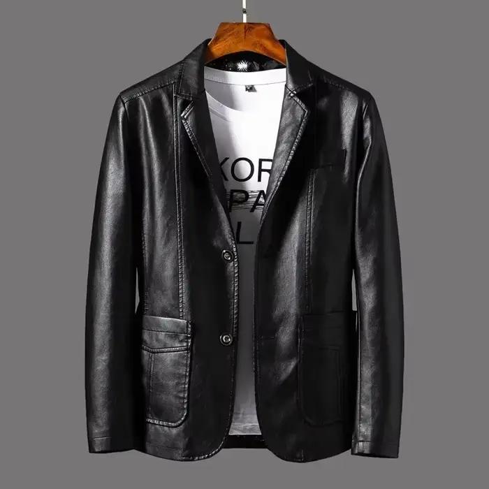 Nouvelle veste en cuir pour hommes d'affaires décontracté revers en cuir PU Blazers mode solide minc