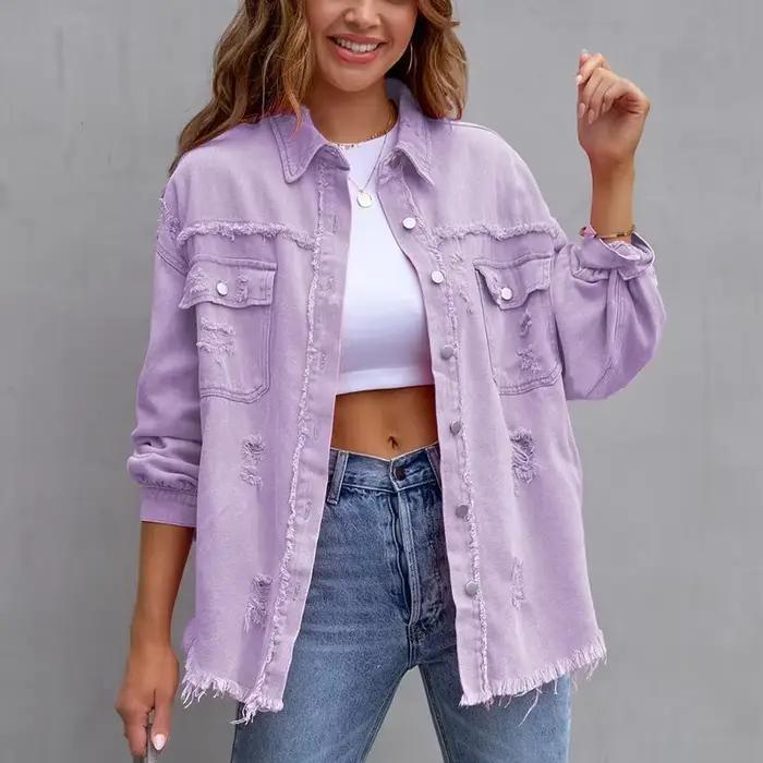 Veste en jean monochrome pour femme avec trous cassés, cardigan boutonné, manteau confortable, stree