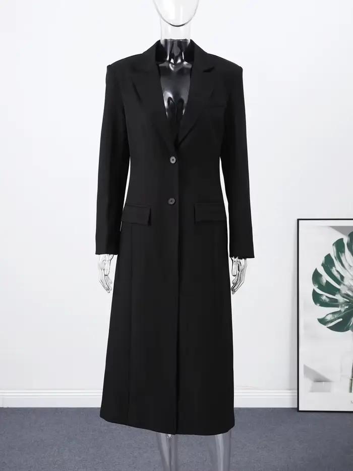 Blazer long noir pour femme, style bureau, manches longues, col rabattu, tunique, simple boutonnage,