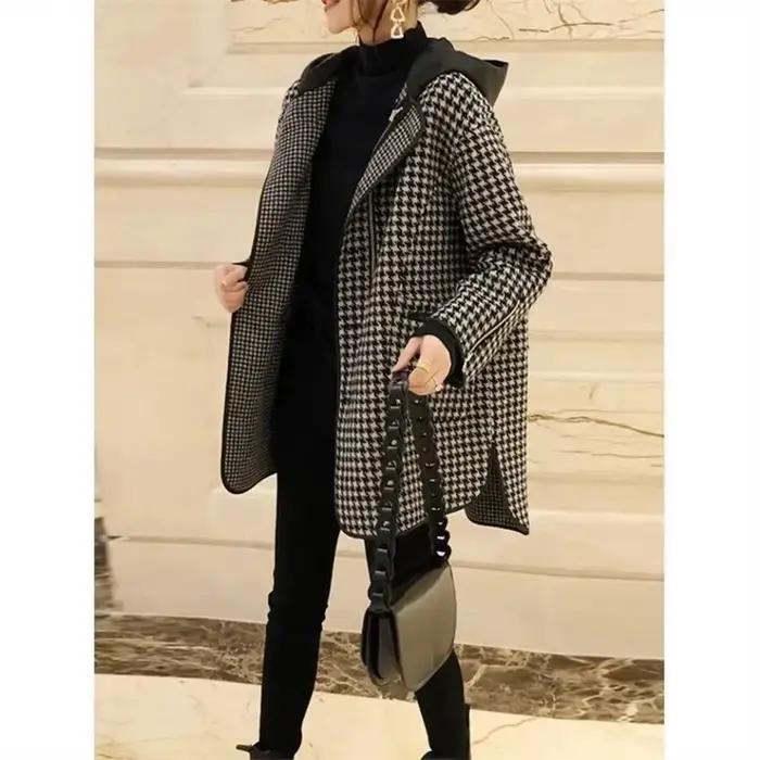 Manteau en laine à carreaux mille oiseaux à capuche coréens, mi-long, mode adt, manteau en laine min
