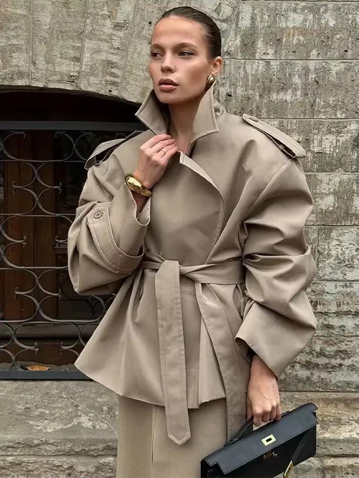 Trench-Coat à lacets en Laepl pour femmes, couleur unie, mode, manches longues, cintré à la taille, 