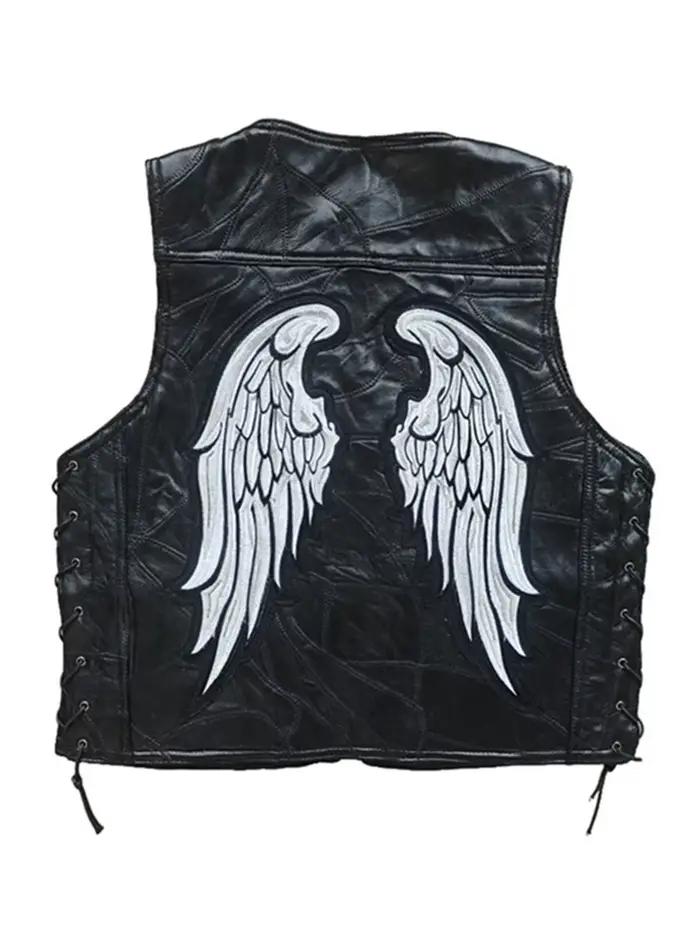 Gilets de moto en cuir véritable pour hommes, gilet brodé avec ailes d'angle, vestes de motard sans 