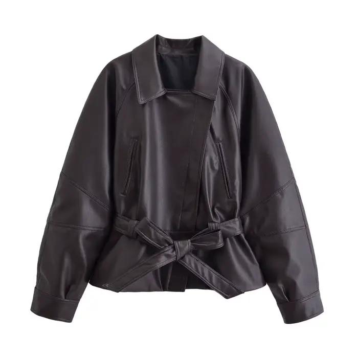 HH femmes Vintage moto veste avec ceinture Faux cuir Trench manteau à manches longues revers veste à