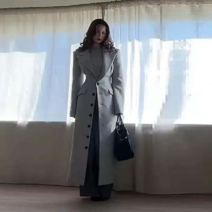 Manteau Long pour femmes, Slim, col en V, simple boutonnage, pardessus avec épaulettes, vestes Maxi 