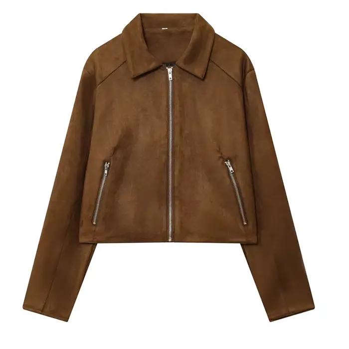HXAO femmes Bomber vestes automne recadrée manteau en daim veste femmes à manches longues en simili 