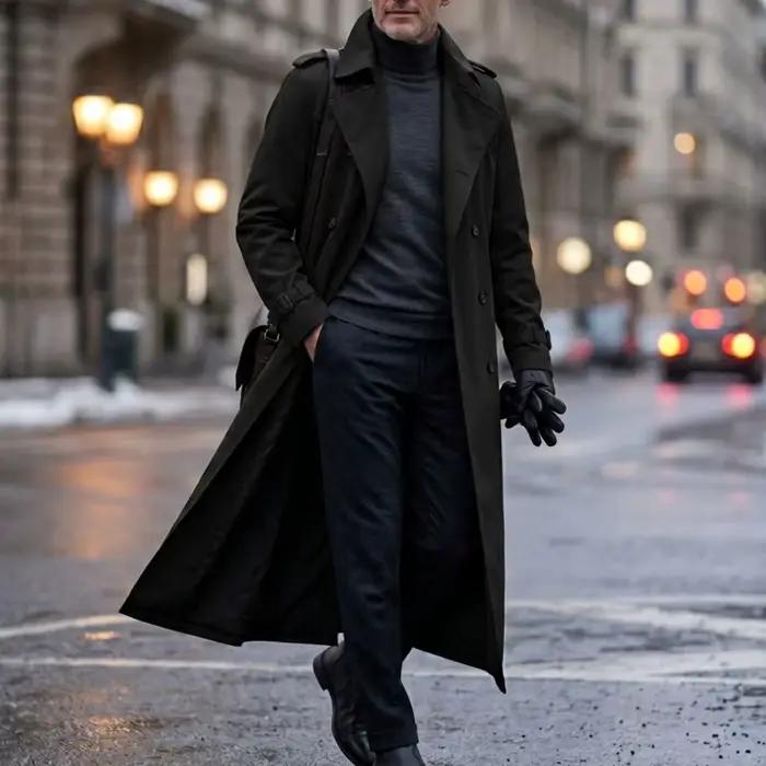 Nouveau Trench-coat pour homme, coupe longue, coupe-vent d'automne - Double boutonnage avec ceinture