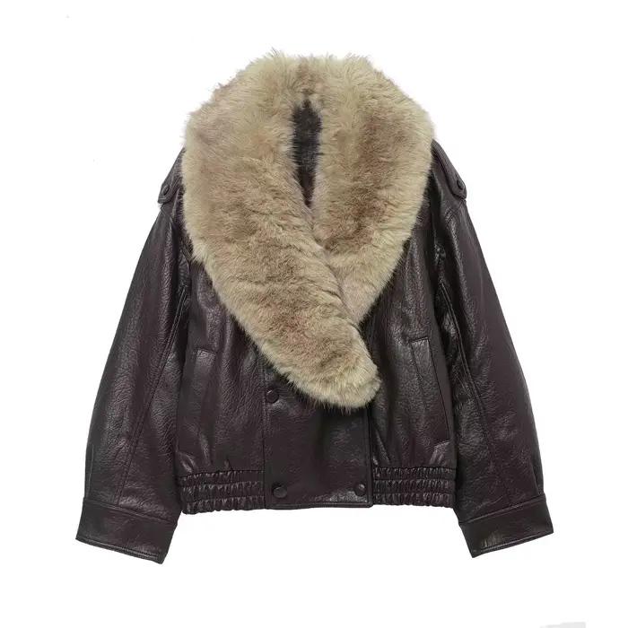 TFMLN 2025 hiver femmes veste en simili cuir ample mode retiré grand col de fourrure manteau décontr