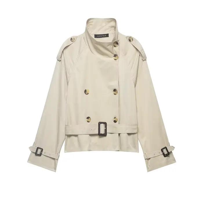 HH Trench-coat court pour femme, col montant, ceinturé, double boutonnage, beige, pour le bureau, le