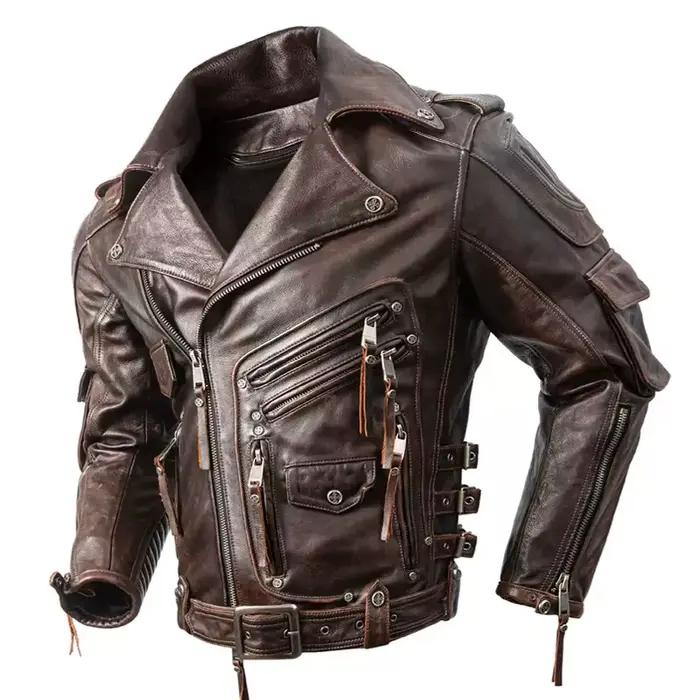 Veste en cuir vintage pour homme, style moto, optique naturelle, peau de vache, équipement de protec