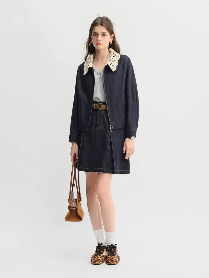 DUSHU doux et Cool à la main col au crochet veste en jean 2025 automne veste courte décontractée 25D