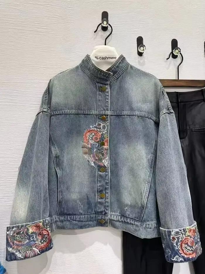 Veste en jean brodée pour femme, manteau vintage chinois, vêtements d'extérieur courts pour femme, c