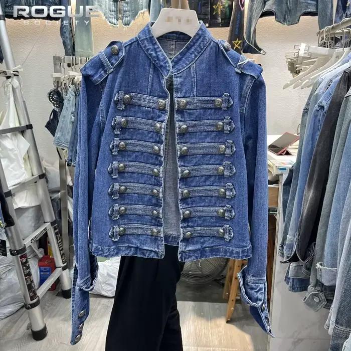 Veste en jean pour femme, coupe carrée, style Y2K rétro, veste hussarde, col montant, double boutonn