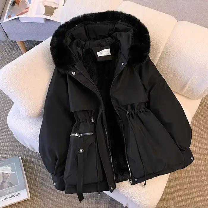 Veste d'hiver à capuche doublée polaire pour femme, manteau chaud rembourré avec cordon de serrage, 