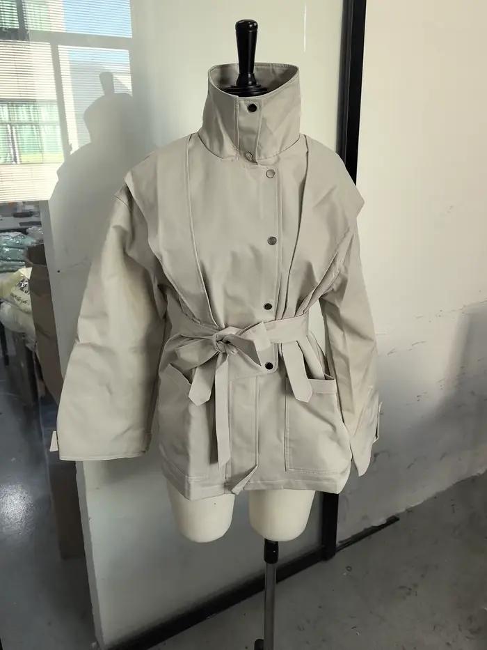 Trench-Coat mi-long kaki pour femmes, col montant, manches longues, ceinture, fermeture éclair, gran