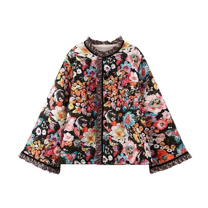 Veste matelassée Vintage à imprimé Floral pour femme, col rond, garniture contrastée, manches évasée