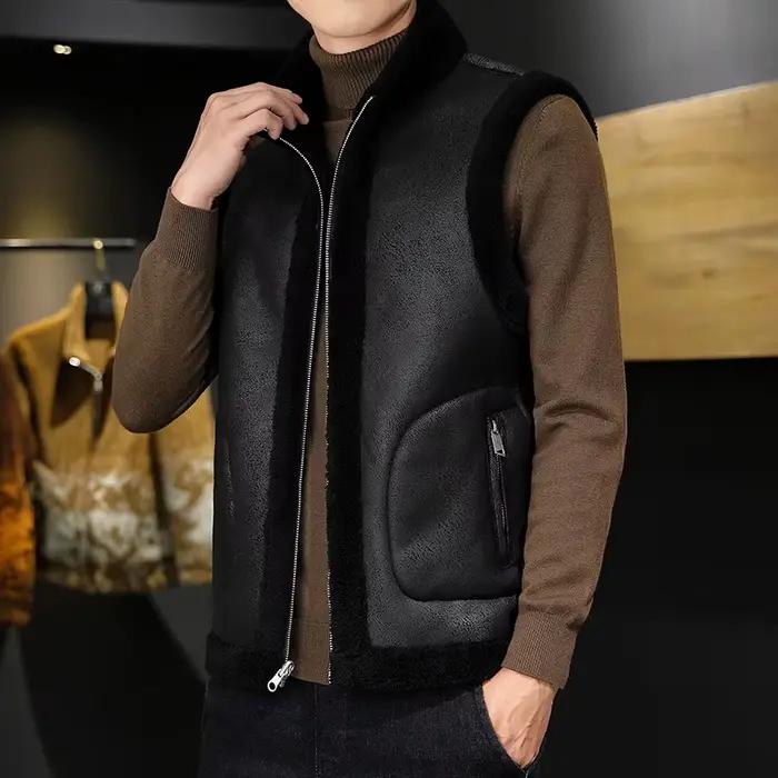 Gilets d'hiver en laine d'agneau pour hommes, manteau chaud, mode décontractée, col montant épais, v