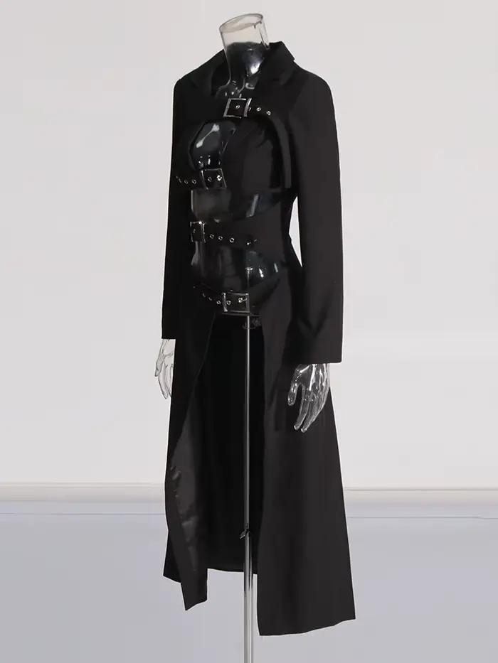 TWOTWurea-Manteau long évidé pour femme, vestes YLE sexy, ceinture épissée, revers à manches longues