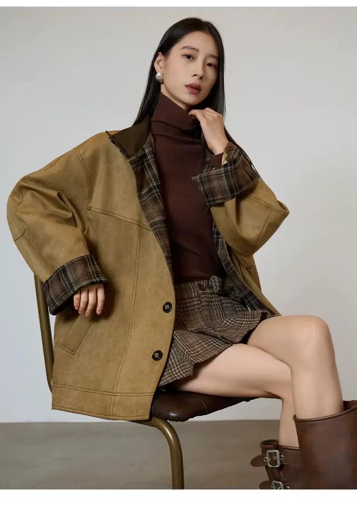Trench-Coat à carreaux en daim rétro pour femmes, vêtements d'extérieur surdimensionnés en Patchwork