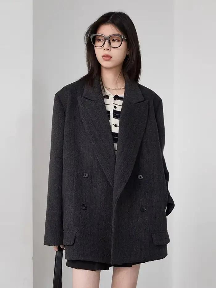 CHIC VEN-Blazer en laine vintage pour femme, veste à col en V, double boutonnage imbibé, manteau de 