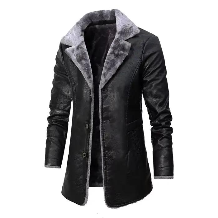 Manteau Long en cuir PU pour hommes, veste d'hiver chaude doublée polaire, pardessus d'affaires, Tre