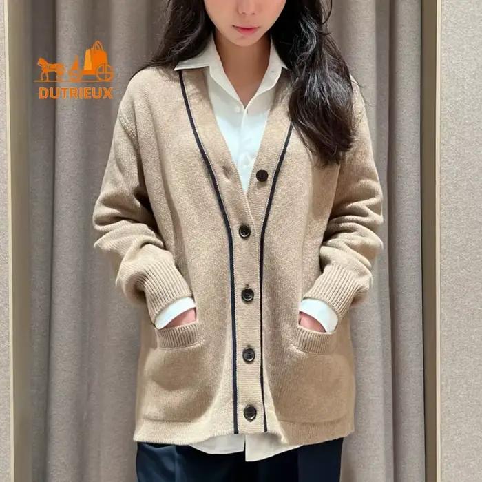 Cardigan en cachemire à col en v pour femme, manteau élégant et décontracté, Style minimaliste, 100%