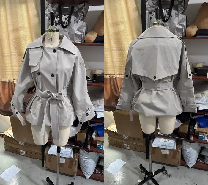 Trench-coat oversize court à capuche, col montant, taille ajustable par cordon, ourlet bouffant – Co