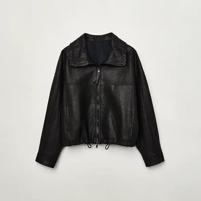 Veste en cuir véritable pour femme, col montant haut, manteau court rétro en peau de mouton, Wstring