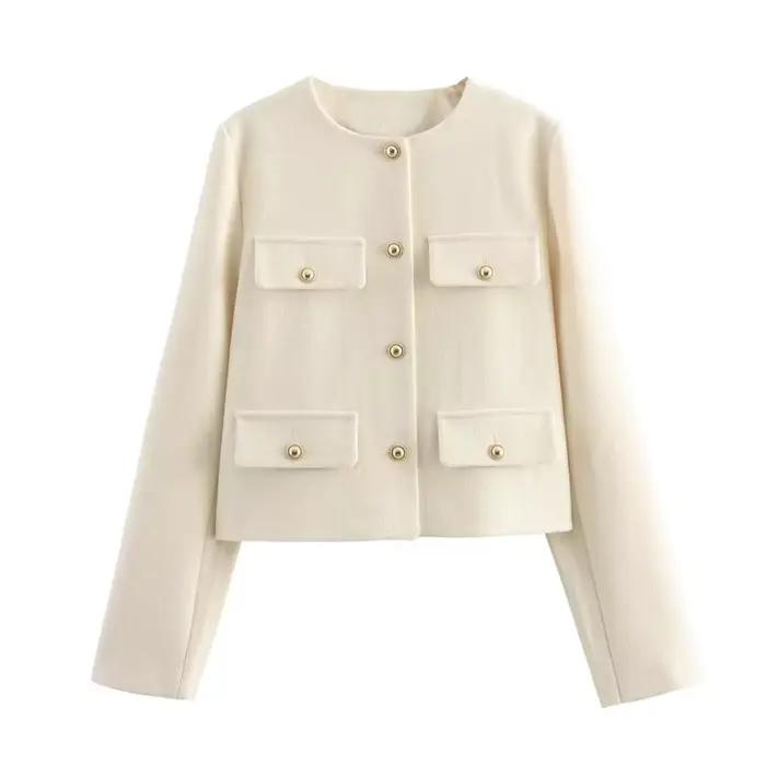 MUJER 2025 recadrée Tweed veste femme manteau bouton à manches longues vestes élégantes pour femmes 