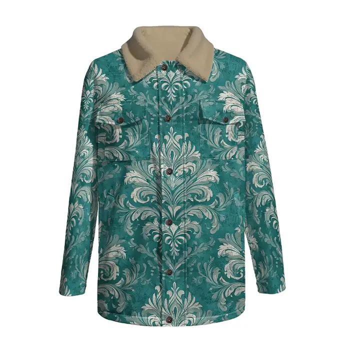 Veste chemise doublée de Sherpa imprimé motif baroque vintage, manteau de travail avec col en fausse