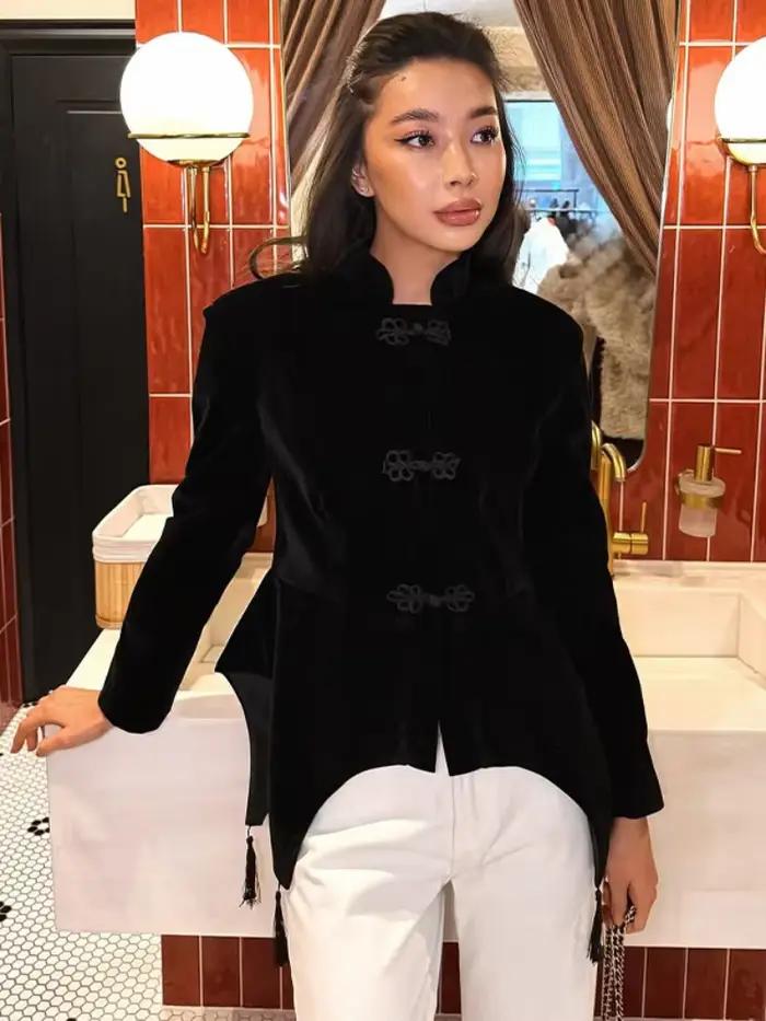 Manteau Femme Vintage en Velours à Boutons Grenouille, à Franges, Ourlet Irrégulier, Taille Cintrée,
