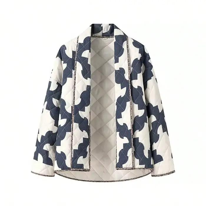 HH Veste matelassée pour femme, imprimé bleu et blanc, à col à revers, manches longues, coupe ample,