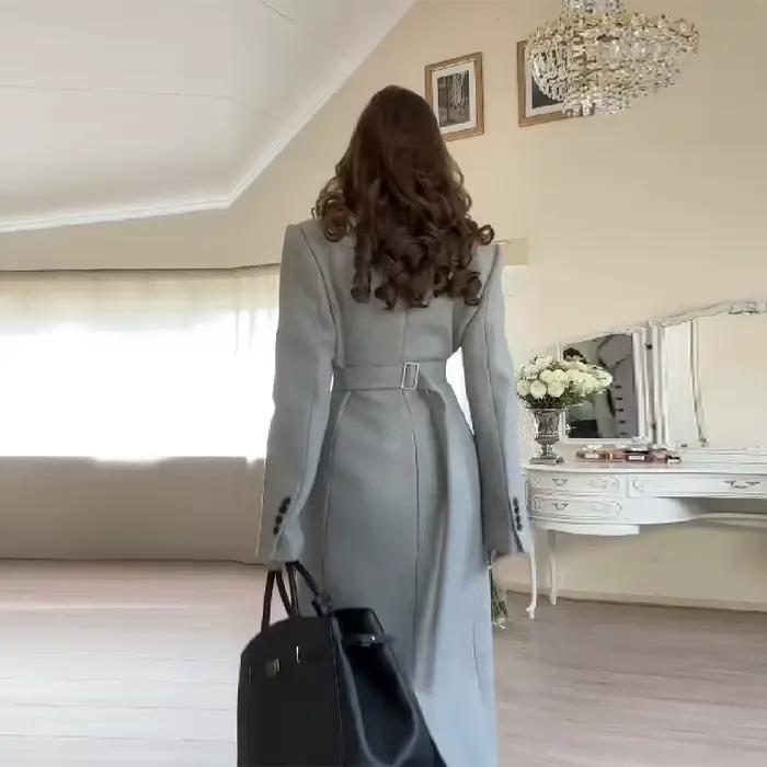 Manteau Long pour femmes, Slim, col en V, simple boutonnage, pardessus avec épaulettes, vestes Maxi 