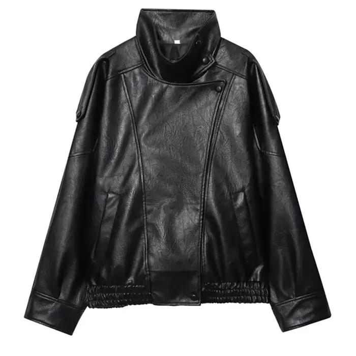 HXAO veste noire manteau femme veste en simili cuir vêtements d'extérieur Demi-saison Bomber Moto Bi