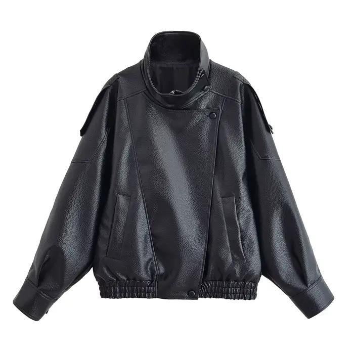 HH Veste en similicuir pour femme Printemps Automne 2026, style motard vintage oversize, coupe ample