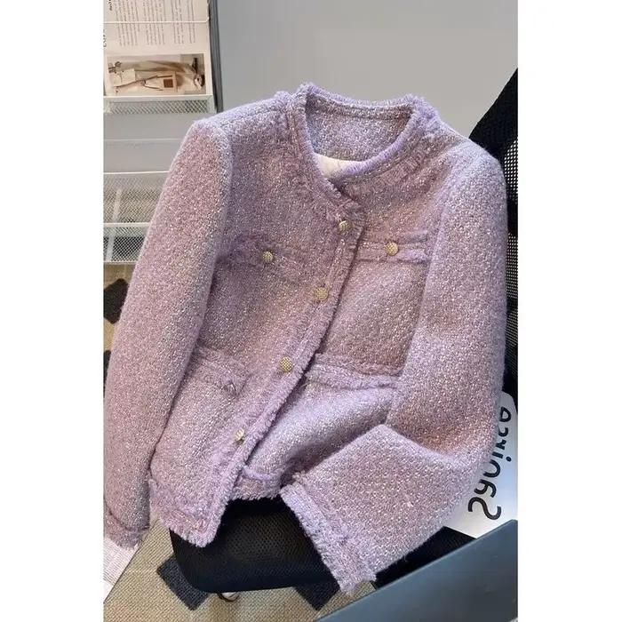 Manteau en laine tweed violet vintage pour femme, veste en laine tempérament, plus siréfléchissant, 