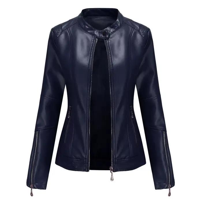 KIDCRKJ – veste en cuir pour femmes, col montant, poches à fermeture éclair, manches longues, mantea
