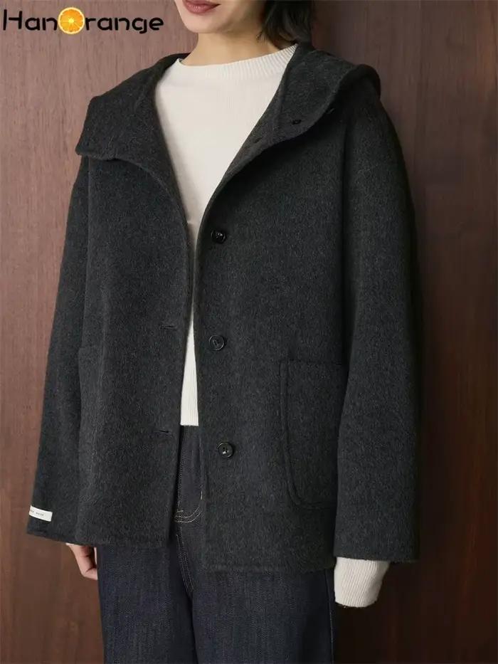 Manteau en Laine Double Face HanOrange 2026 Hiver Tendance à Capuche avec Poches Symétriques pour Fe