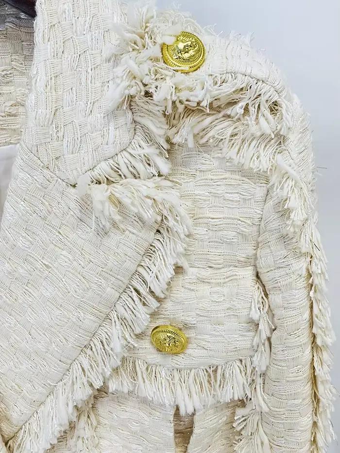 Veste en tweed à franges pour femmes, veste taillée avec pompons, mode de créateur, haut de gamme, E