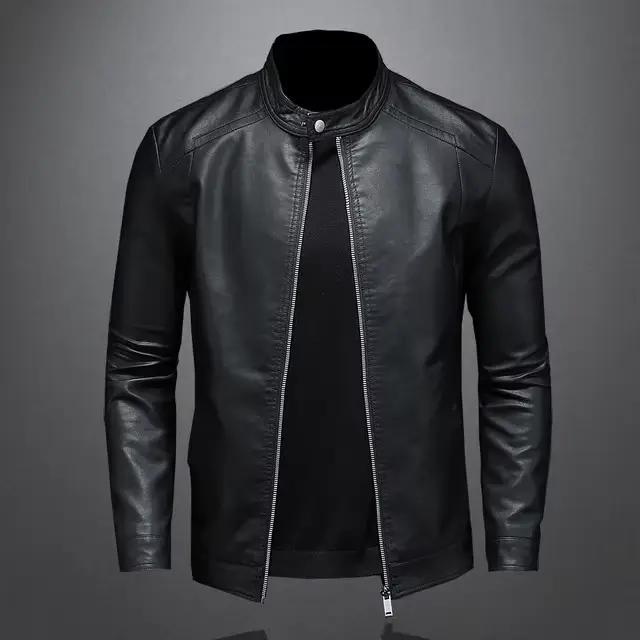 Veste en cuir à col montant pour hommes, veste en cuir PU mince, manteau de moto décontracté, mantea