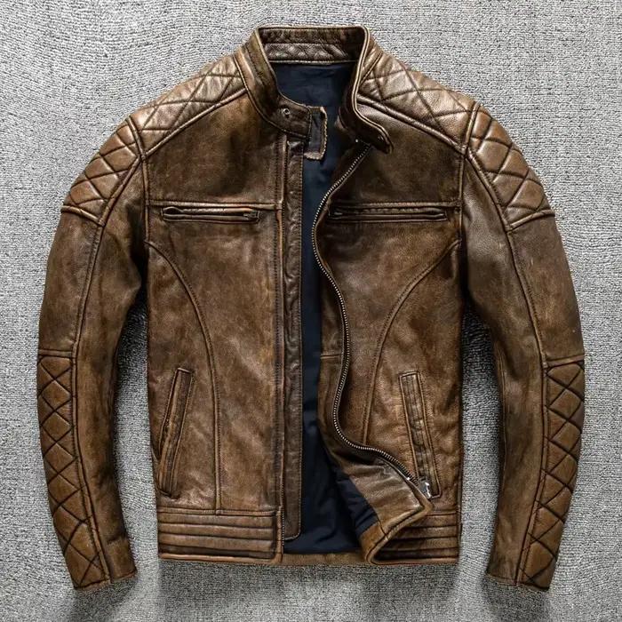 Veste en cuir vintage pour homme, jaune brun, épaisse, 100% cuir de vache véritable, veste de motard