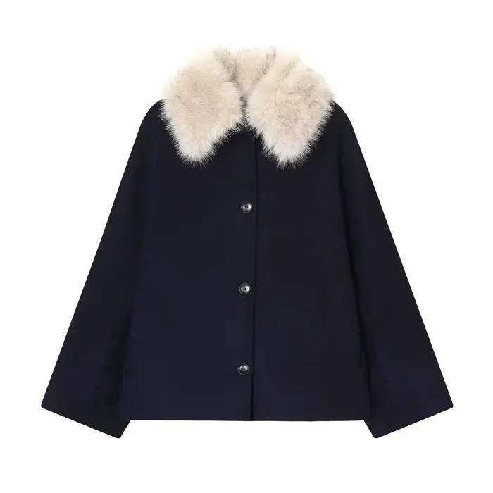 Veste à col en fausse fourrure pour femme, manteau en laine, polyvalent et à la mode