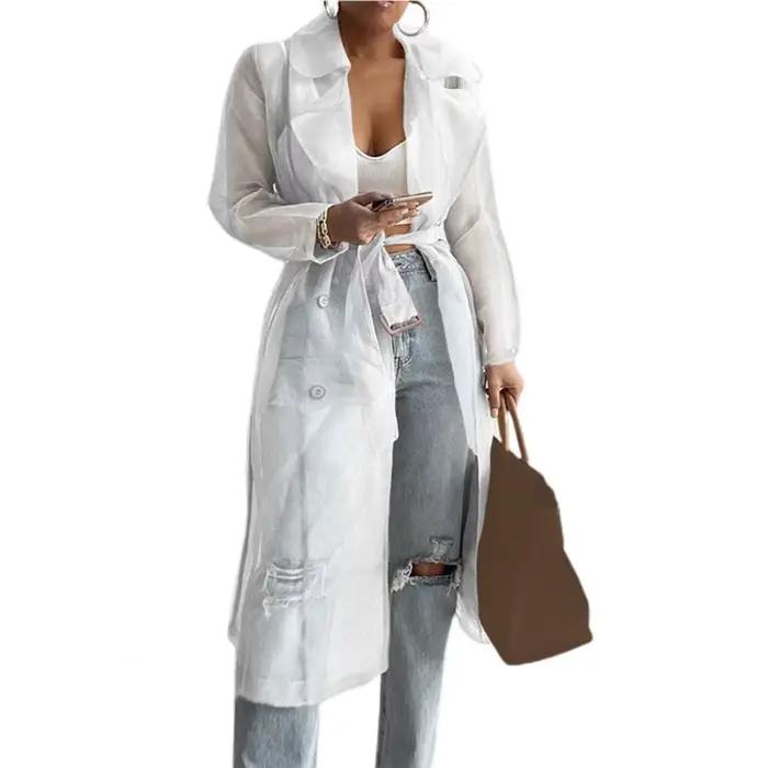 Trench-Coat en maille pour femmes, veste transparente à la mode, chemise d'été à lacets, chemise lon