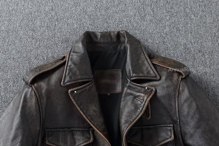 Manteau Trench Classique M43 en Cuir de Vachette Véritable, Veste Militaire en Cuir Longue et Moyenn