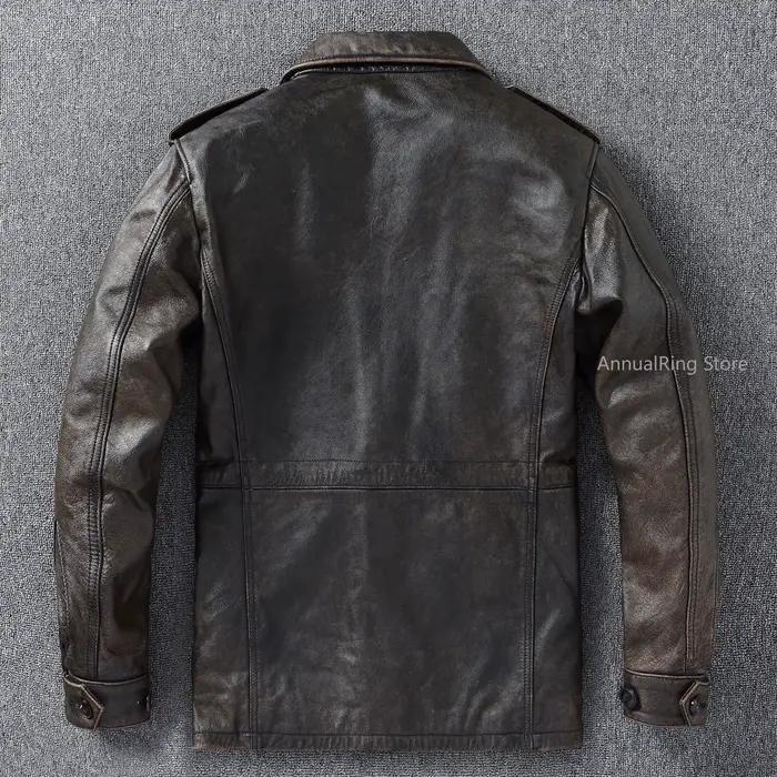 Manteau Trench Classique M43 en Cuir de Vachette Véritable, Veste Militaire en Cuir Longue et Moyenn