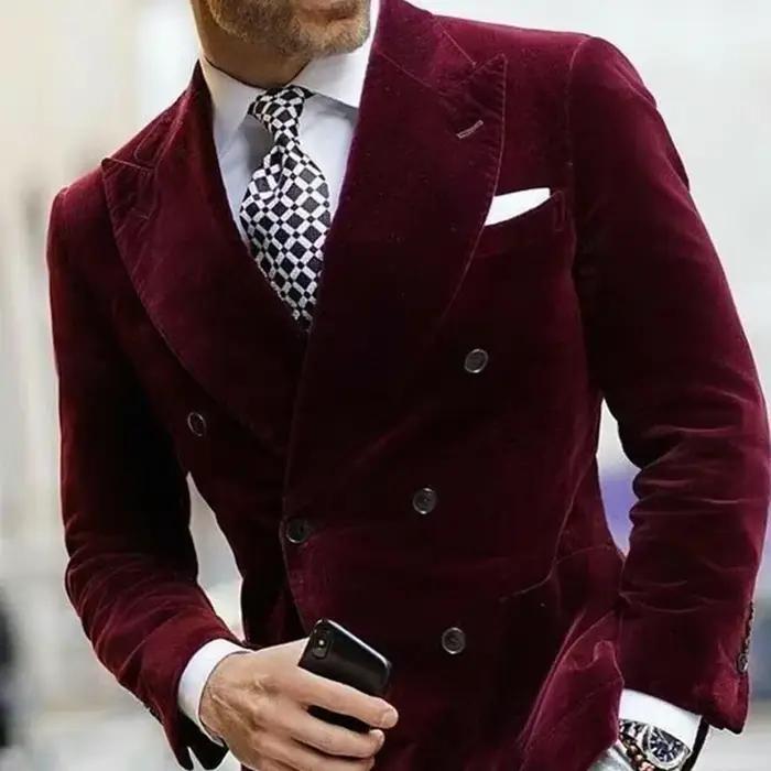Blazer en velours à double boutonnage pour homme, veste bordeaux élégante, manteau trempé QueParty, 