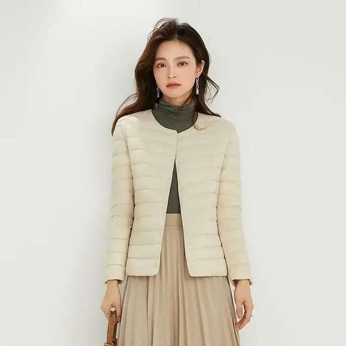 Veste en duvet de canard pour femme, col rond, col en v Variable, garde au chaud, sans col, manteau 